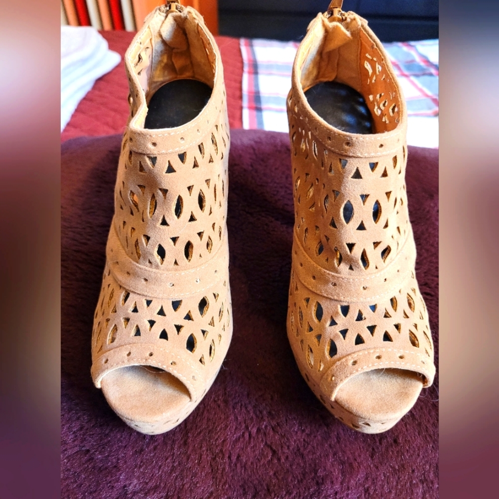 Tan high heel booties